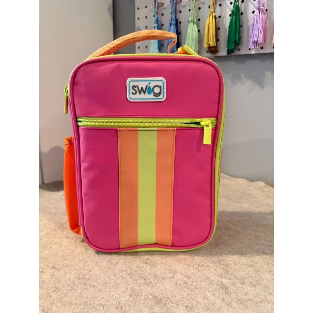 Swig Life Insulated Lunch Bag Hot Pink Neon Stripe Cooler Tote Travel Lunchbox